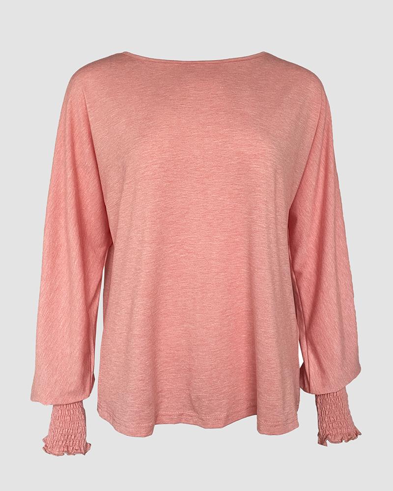 Round Neck Shirred Lantern Sleeve Long Sleeve Softy Basic T Shirt Casual Tee