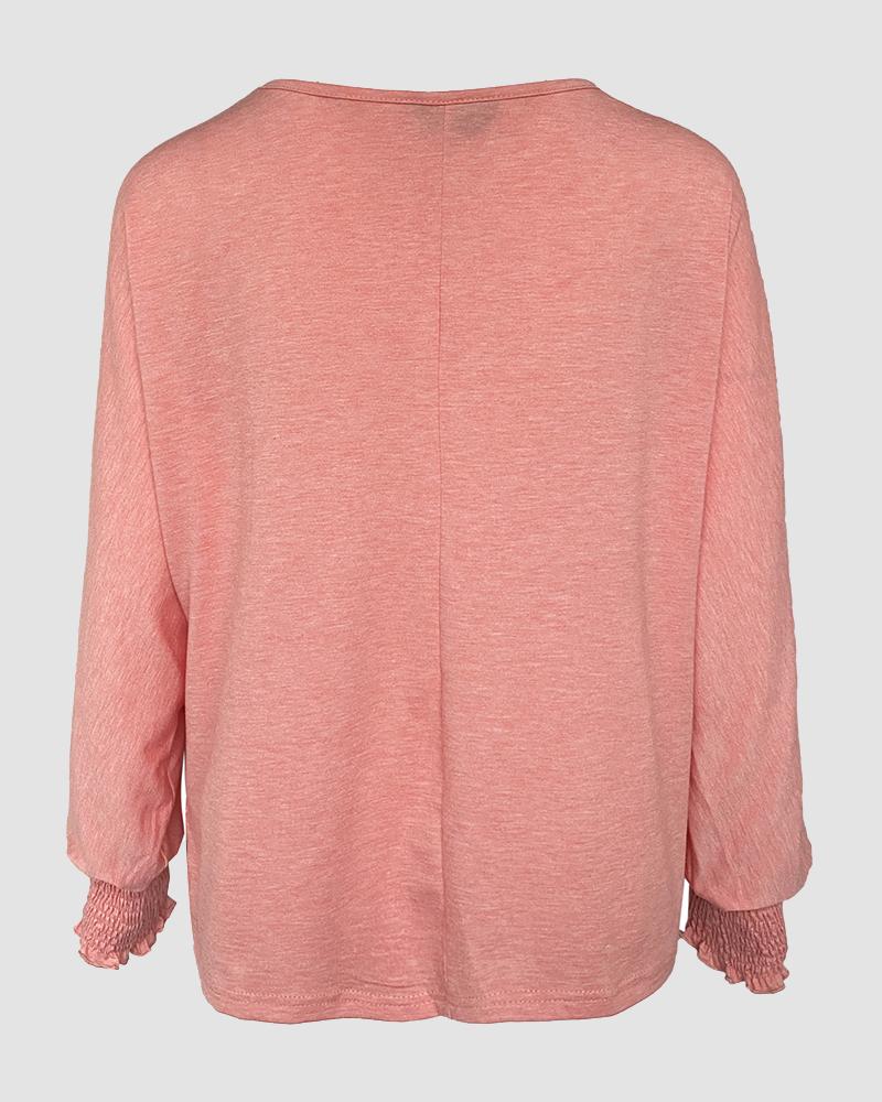Round Neck Shirred Lantern Sleeve Long Sleeve Softy Basic T Shirt Casual Tee
