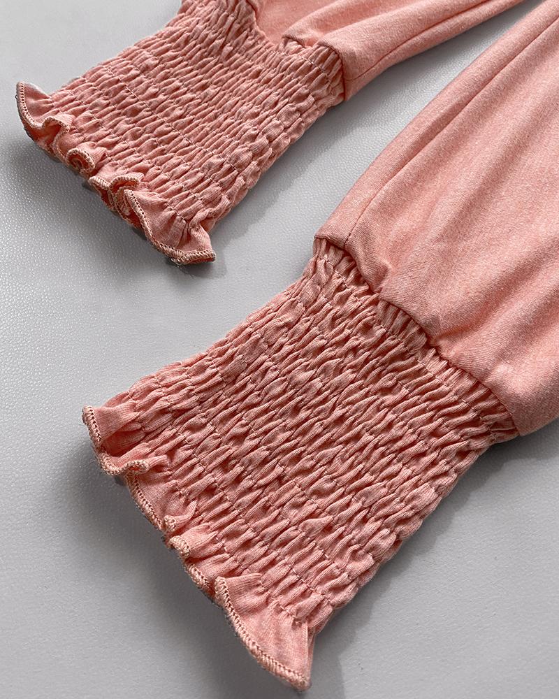 Round Neck Shirred Lantern Sleeve Long Sleeve Softy Basic T Shirt Casual Tee