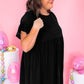 Black Textured Ruffled Sleeve Babydoll Plus Dress