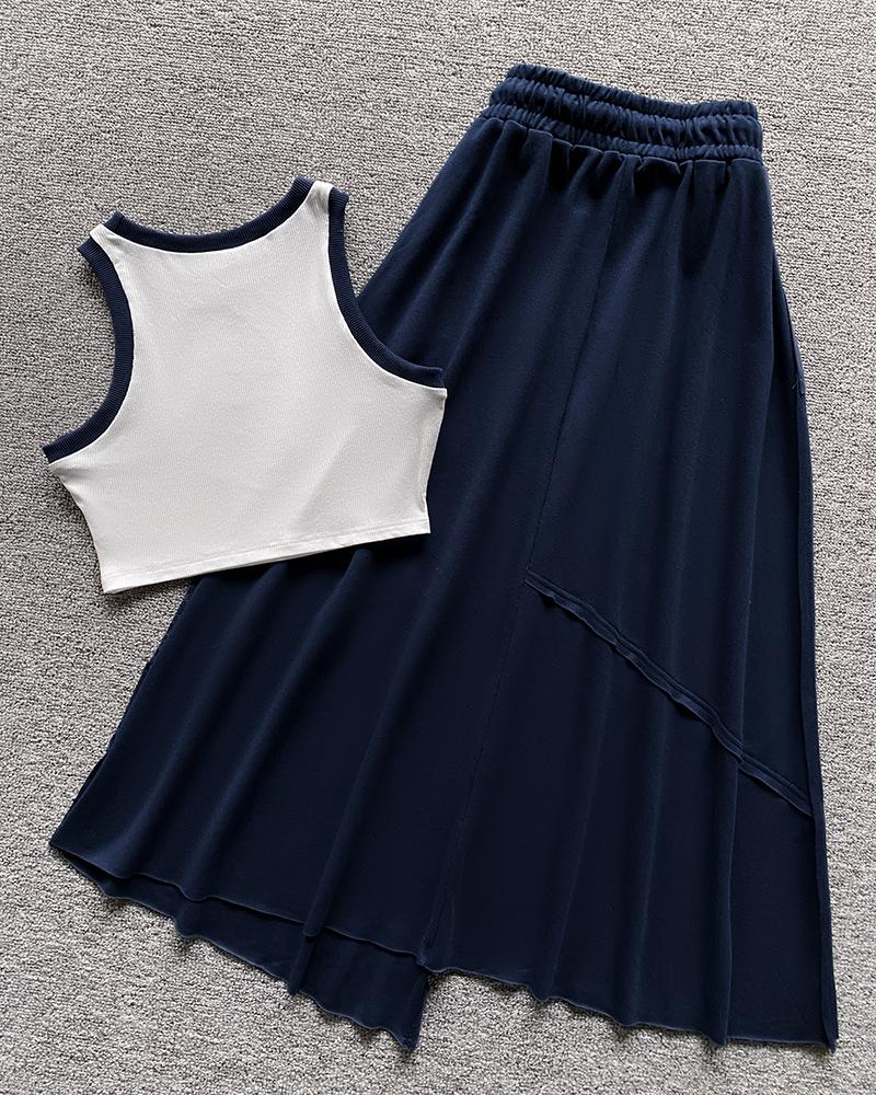 Contrast Paneled Crop Top & Pleated Skirt Set