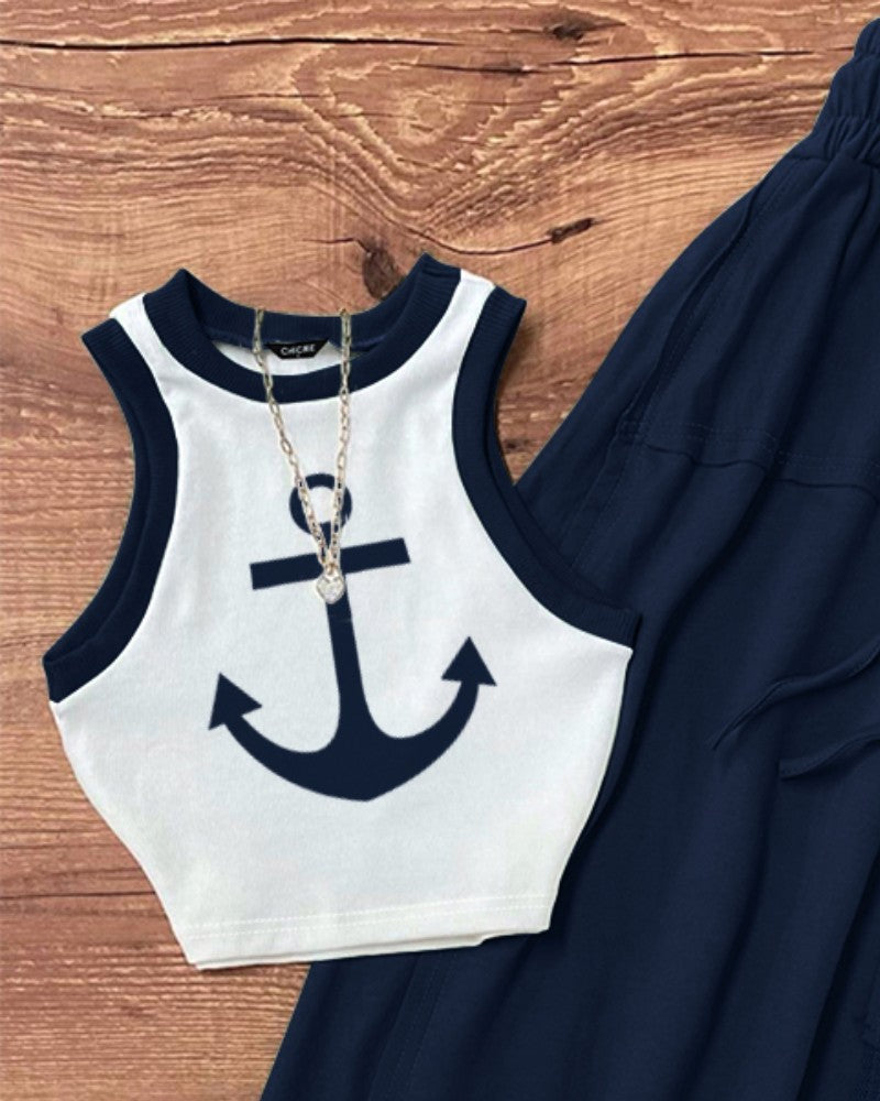 Contrast Paneled Crop Top & Pleated Skirt Set