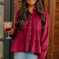 Burgundy Corduroy Ruffle Tiered Buttoned O Neck Shirt