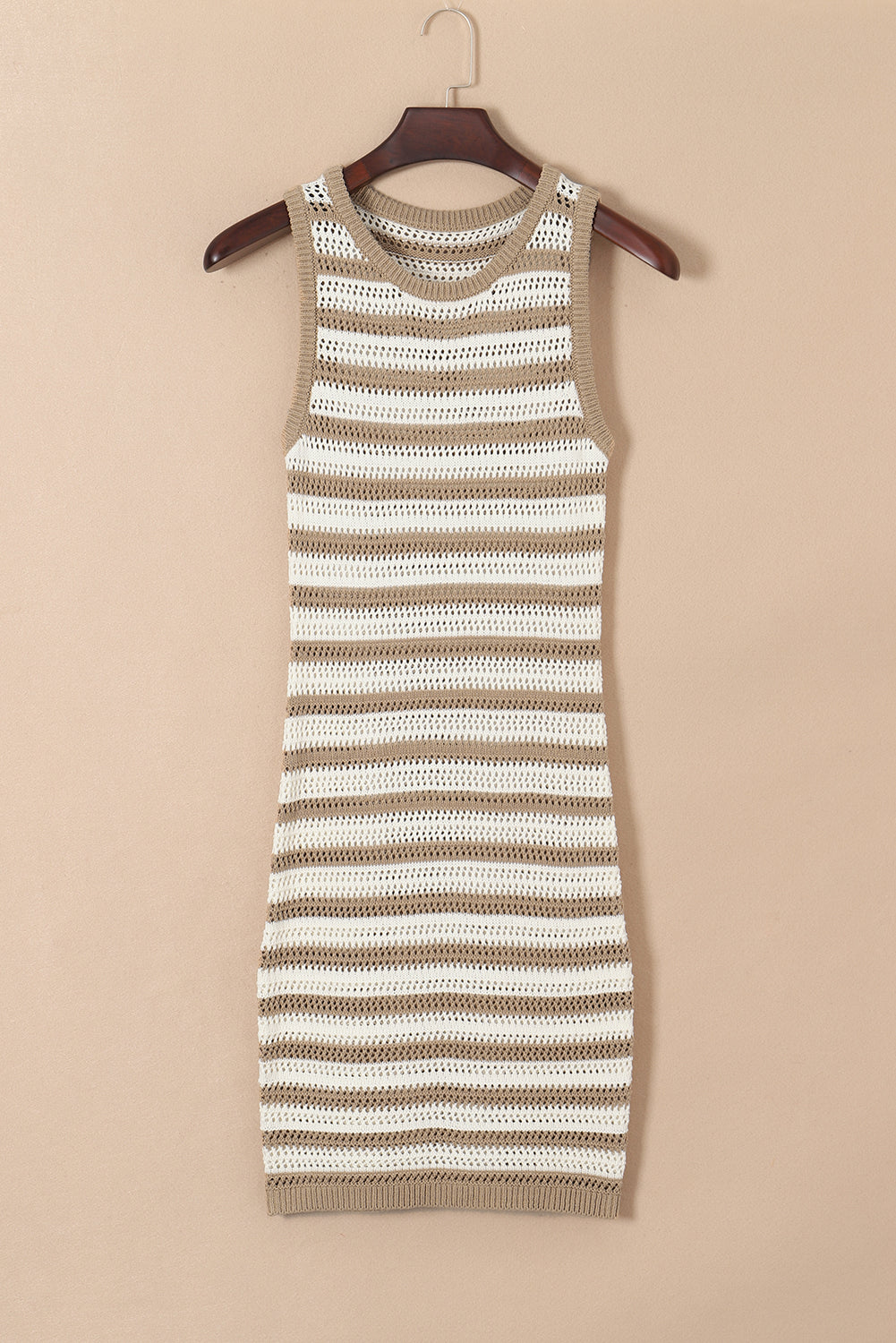 Khaki Stripe Hollowed Knit Sleeveless Sweater Dress