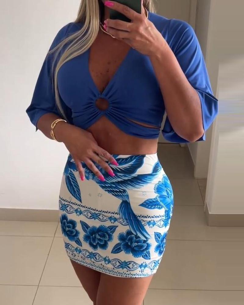 2 Pieces Summer Outfits Plunge V Neck Short Sleeve Top and Floral Print Bodycon Split Skirt Set