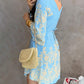 Floral Print V Neck Batwing Sleeve Waist Dress Casual Asymmetrical Hem Ruched Dress