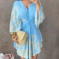 Floral Print V Neck Batwing Sleeve Waist Dress Casual Asymmetrical Hem Ruched Dress