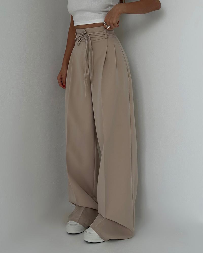 High Waist Tied Detail Work Dress Pants Casual Pocket Design Pants