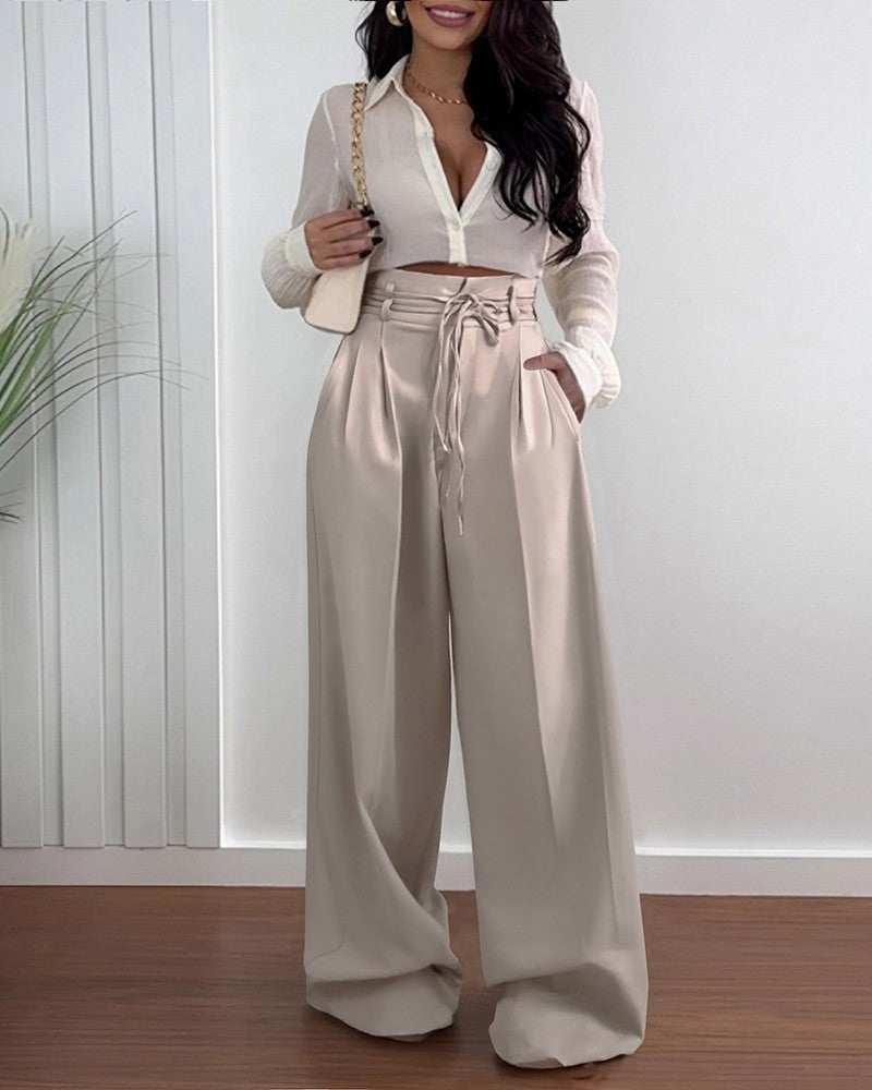 High Waist Tied Detail Work Dress Pants Casual Pocket Design Pants