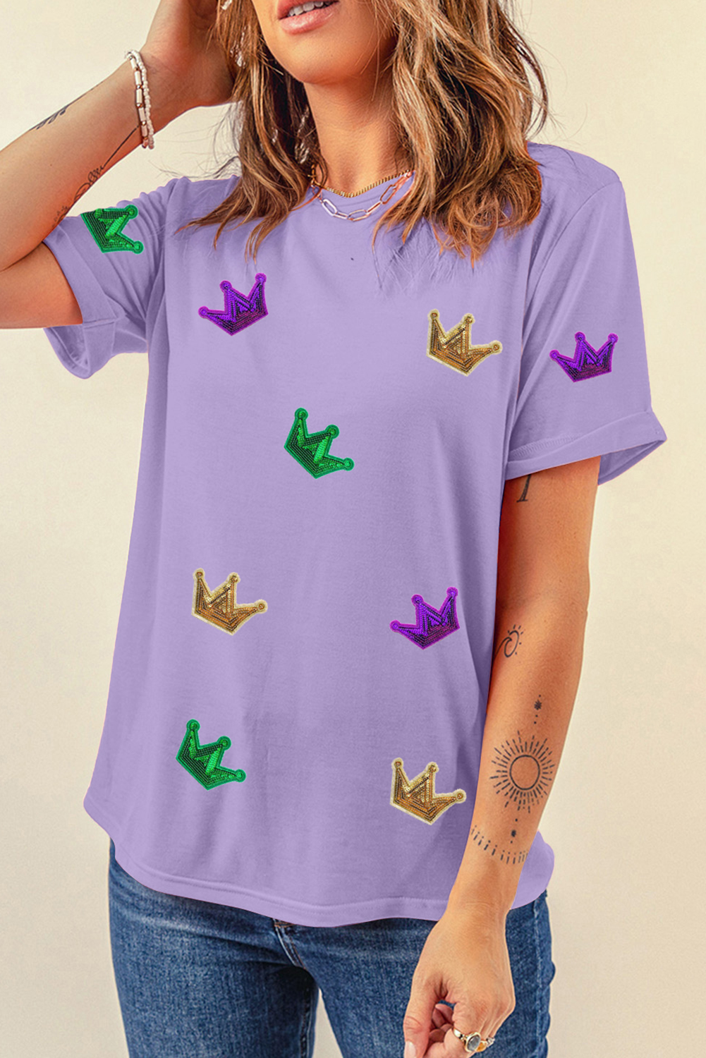 Wisteria Mardi Gras Crown Patched Graphic T Shirt