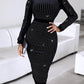 Rhinestone Long Sleeve Dress Crewneck Neck Bodycon Dresses Evening Gown Club Night Outfit