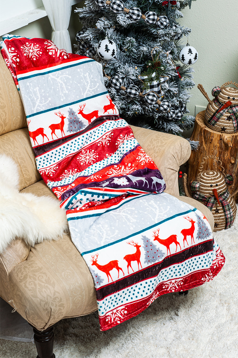 Fiery Red Christmas Elk Print Reversible Sherpa Fleece Blanket 130*150cm