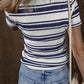 Dark Blue Stripe Collared Button V Neck Knitted T Shirt