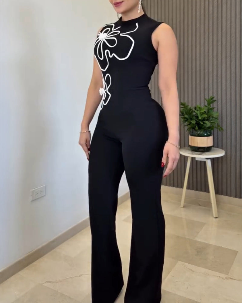 Floral Print High Neck Sleeveless Elegent Jumpsuit