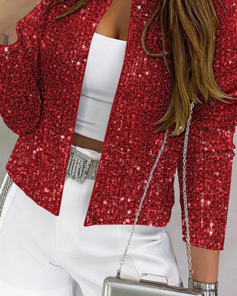 Sparkly Sequin Open Front Puff Sleeve Blazer Coat