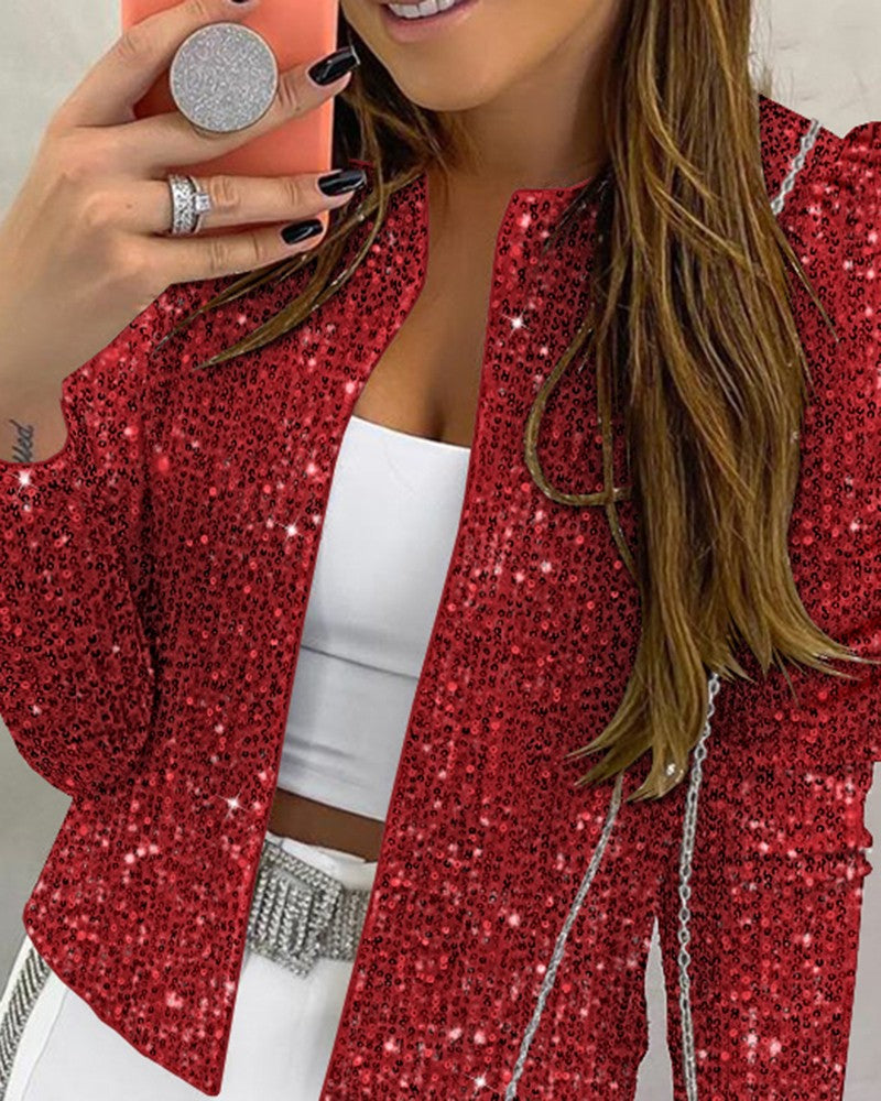 Sparkly Sequin Open Front Puff Sleeve Blazer Coat