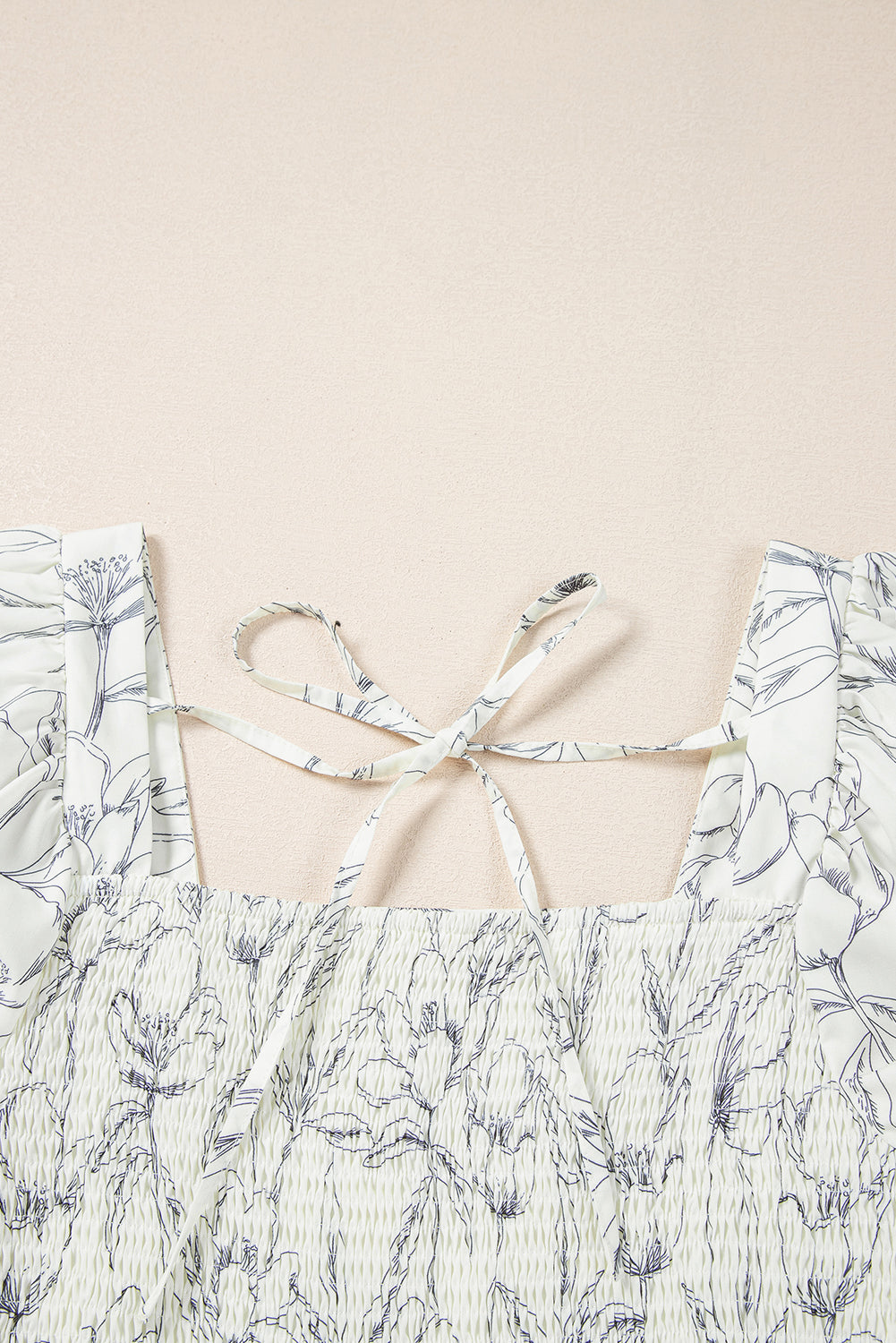 Beige Floral Print Square Neck Shirred Back Puff Sleeve Mini Dress