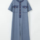 Beau Blue Half Placket Chest Pockets Short Sleeve Wide Leg Jumpsuit