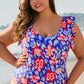 Blue Floral Print Ruffled V Neck High Waist One Piece Swimwear