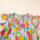 Sky Blue Floral Print Smocked Notch V Neck Flutter Sleeve Mini Dress