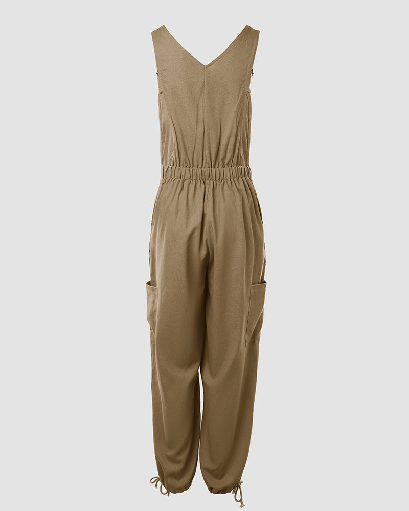 Pocket Design Drawstring Suspender Jumpsuit