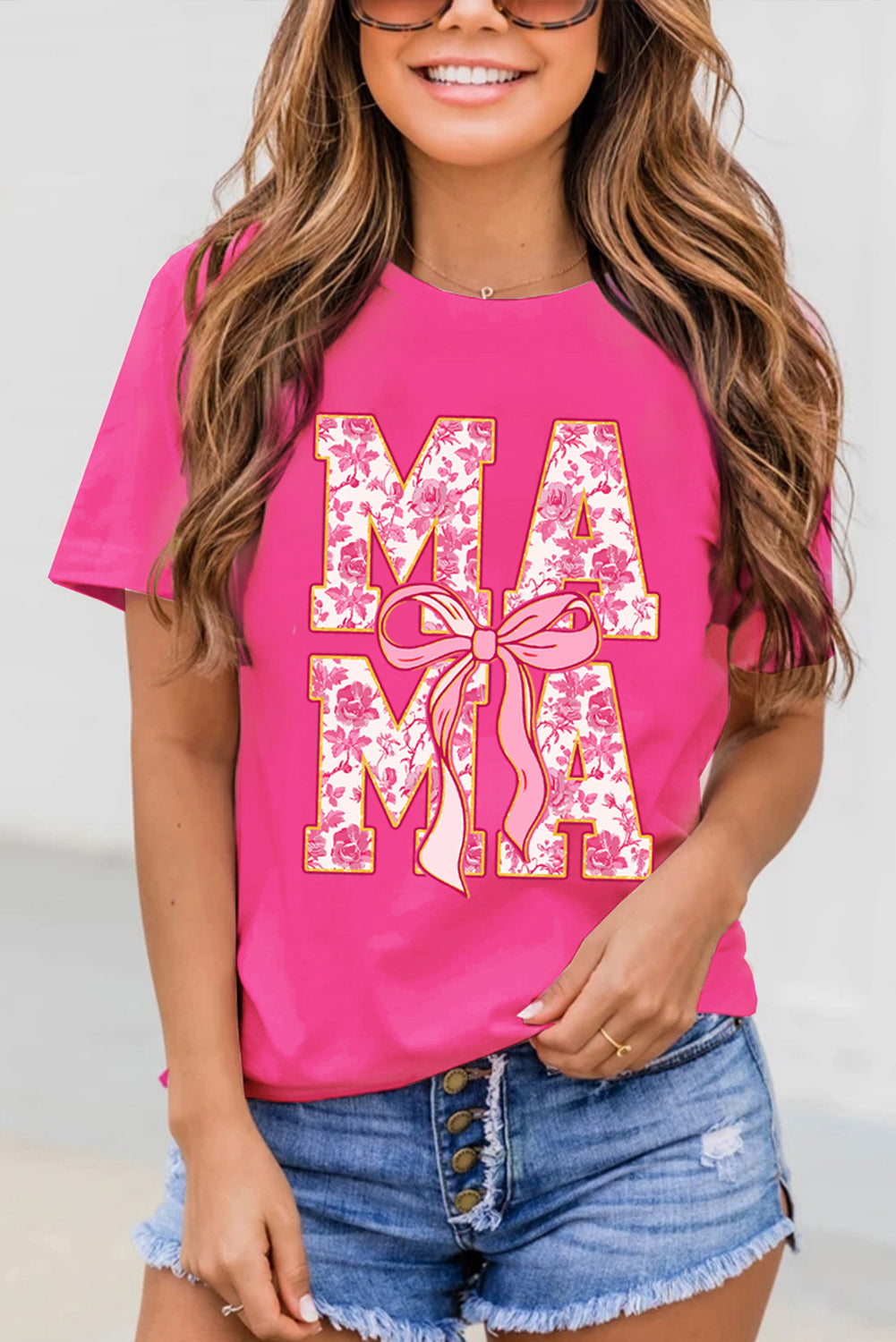 Rose Red Floral MAMA Lettering Bow Print T Shirt