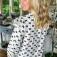 White Bow Knot Print Piping Trim Ruffled Crew Neck Blouse