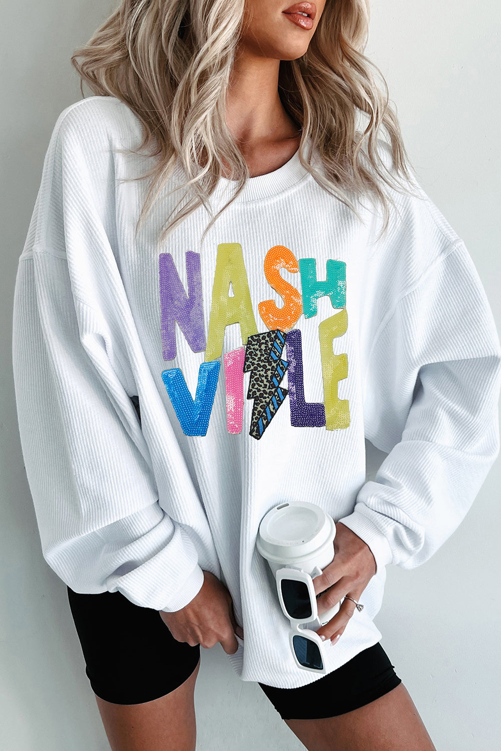 White Nashville Graphic Corded Oversized Sweatshirt