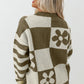Green Checkered Floral Print Striped Sleeve Sweater