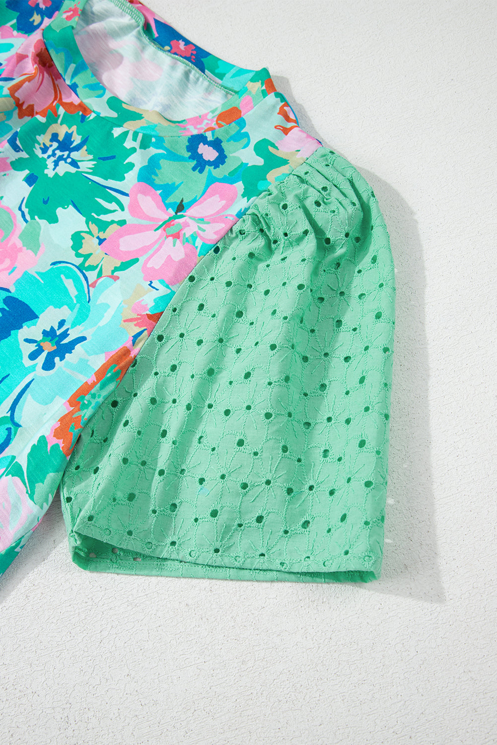 Green Floral Print Eyelet Embroidered Short Sleeve Crew Neck Top