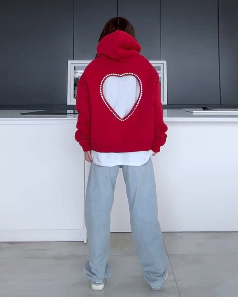 Hooded Long Sleeve Heart Rhinestone Hollow Out Sweatshirt Casual Loose Fit Top