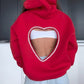 Hooded Long Sleeve Heart Rhinestone Hollow Out Sweatshirt Casual Loose Fit Top