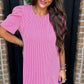 Bright Pink Corded Knit Crew Neck Puff Sleeve Shift Mini Dress
