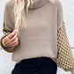 Smoke Gray Striped Plaid Patchwork Waffle Knit Turtleneck Sweater