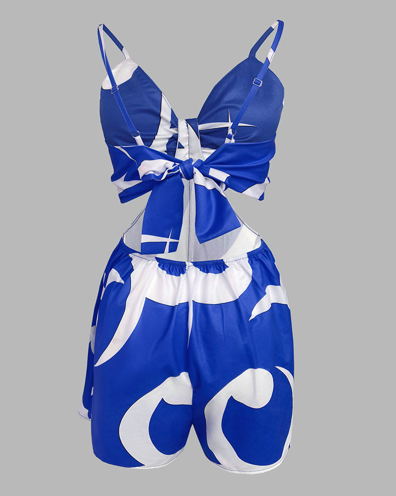 Floral Print Bowknot Decor Spaghetti Strap Skort Romper Casual Hollow out Slim Fit Jumpsuit