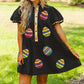 Black Glistening Easter Egg Sequin Trim Half Button Puff Sleeve Dress