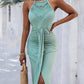 Halter Hollow out A Line Sleeveless Front Slit Ruched Maxi Dress Vacation Dress