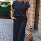 Navy Blue Solid Color Textured Short Sleeve Top and Casual Pants Set