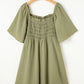 Grass Green Frilly Square Neck Flutter Sleeve Smocked High Waist Plus Size Dress