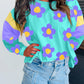 Sky Blue Floral Color Block Long Sleeve Loose Top