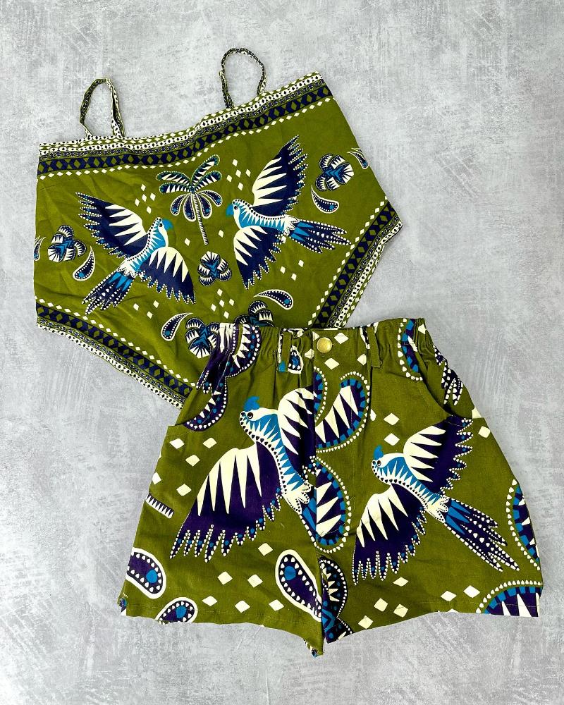 2 Pieces Outfit Floral Print Spaghetti Strap Sleeveless Tank and Casual Shorts Set