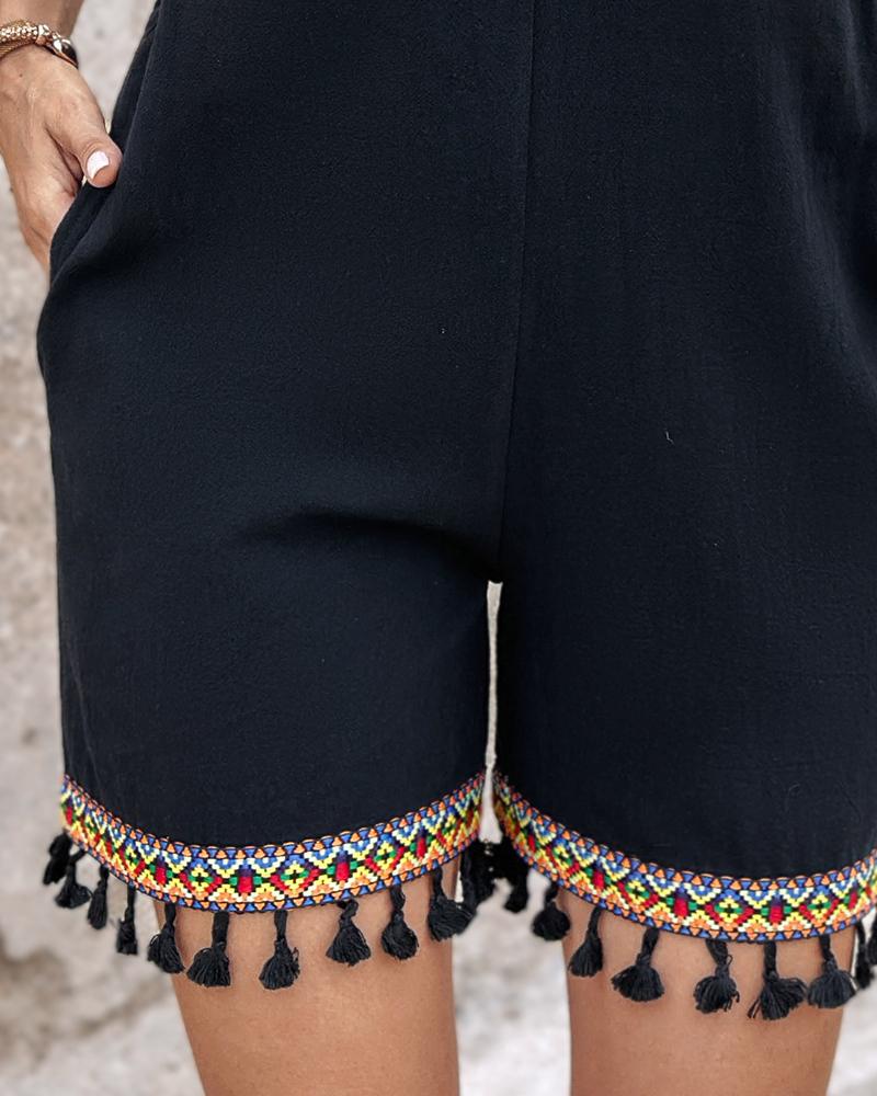 Aztec Geometric Sequin Pattern Tassel Design Romper