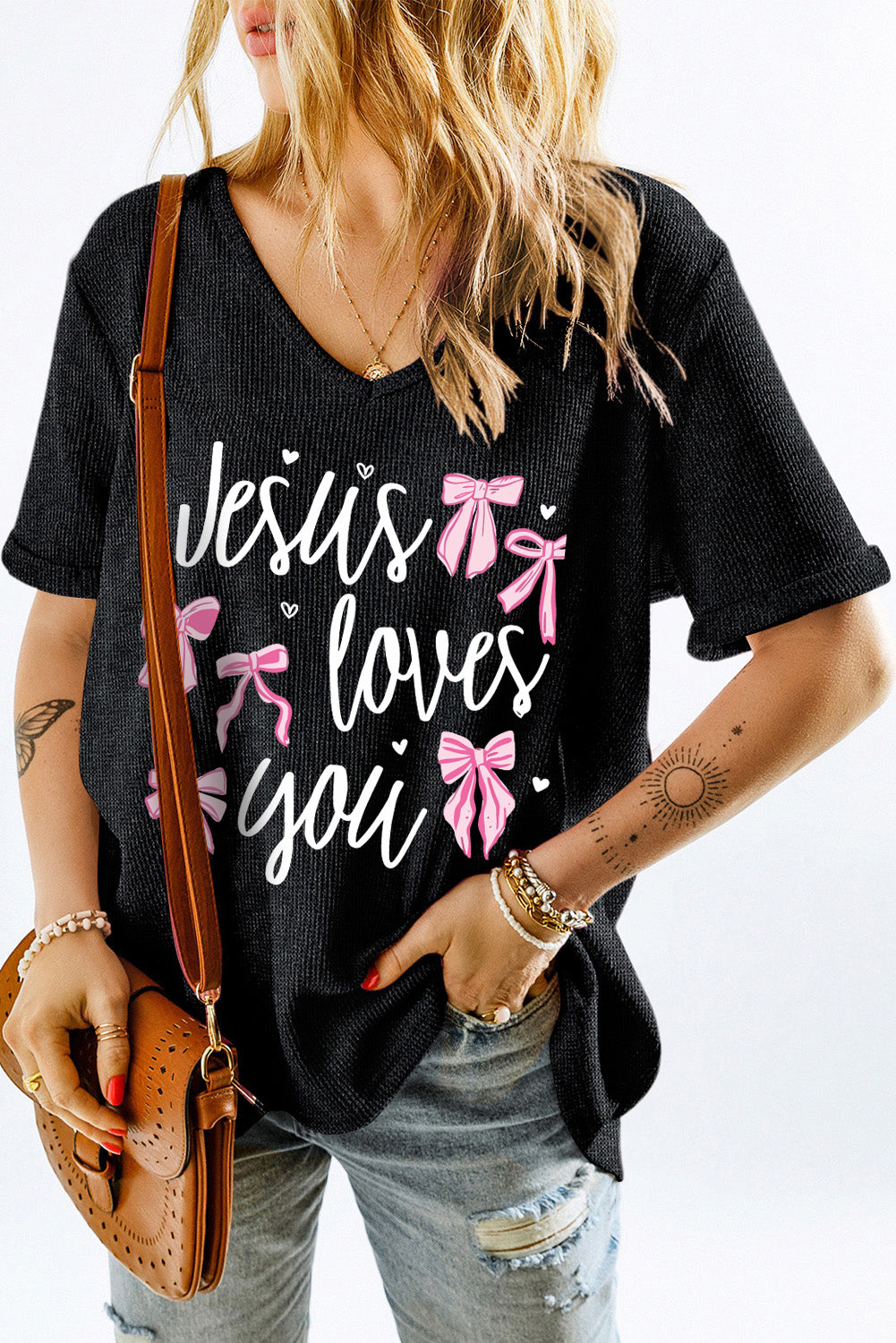 Gray Jesus Loves You Bow Knot Print V Neck Waffle Knit Loose T Shirt