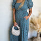 Blue Vintage Boho Floral Smocked Short Puff Sleeve Wide Leg Jumpsuit