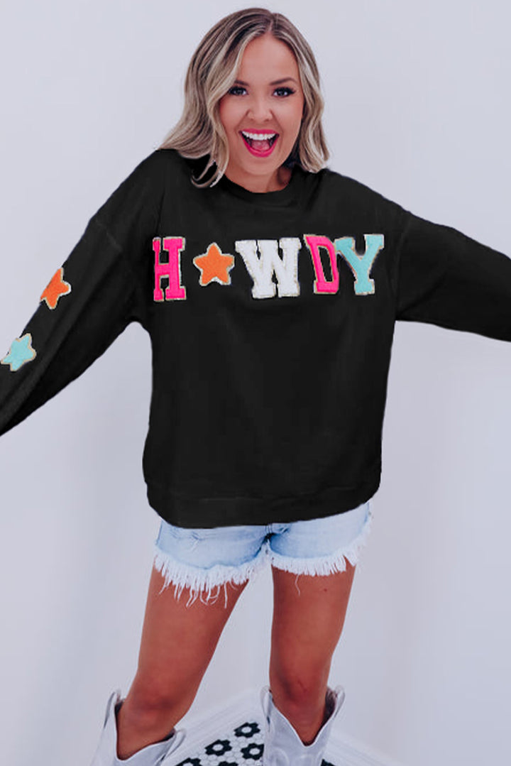 Black Glitter Howdy Patch Graphic Casual Sweatshirt