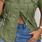 Metal Button Front Short Sleeve Blouse Casual Drawstring Pocket Design Top