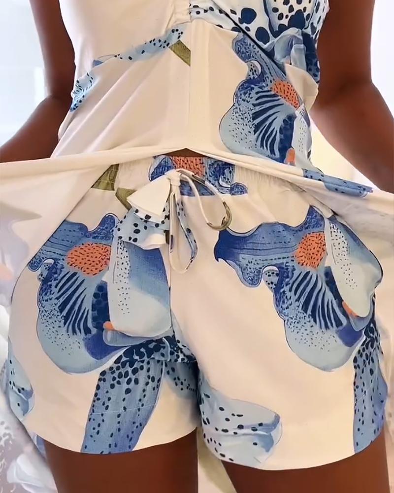 2 Pieces Outfit Floral Print Halter Slit Long Top and Casual Drawstring Shorts Set with Pockets