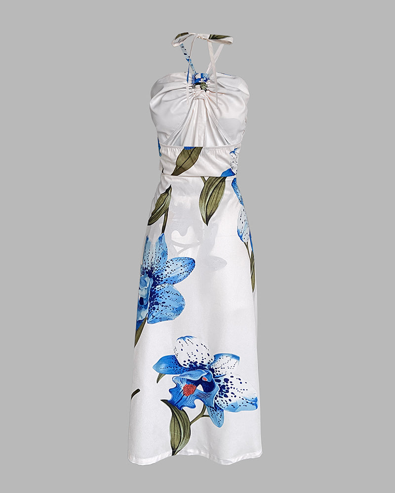 2 Pieces Outfit Floral Print Halter Slit Long Top and Casual Drawstring Shorts Set with Pockets