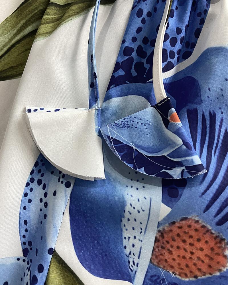 2 Pieces Outfit Floral Print Halter Slit Long Top and Casual Drawstring Shorts Set with Pockets