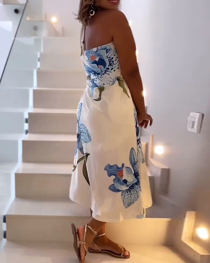 2 Pieces Outfit Floral Print Halter Slit Long Top and Casual Drawstring Shorts Set with Pockets